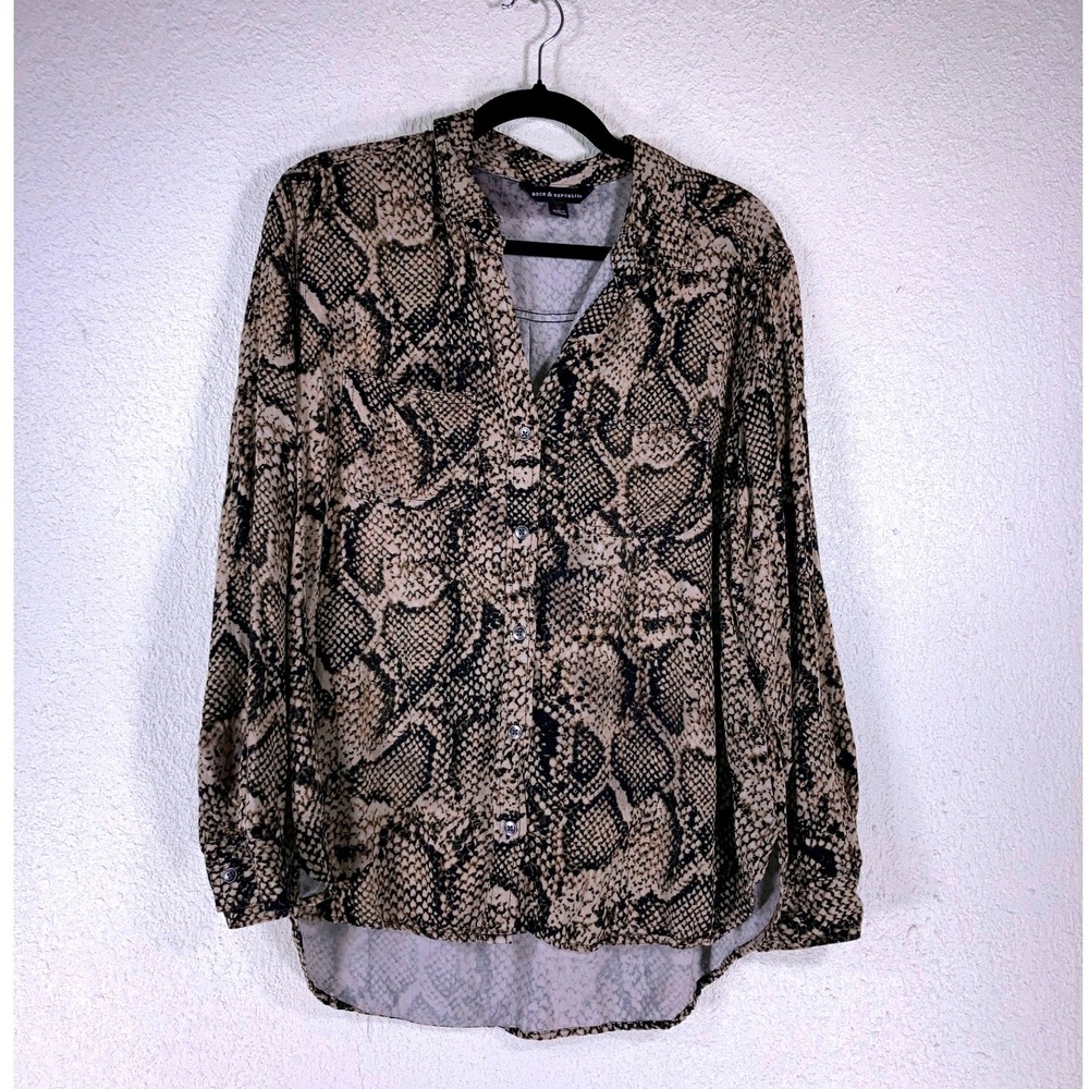 Rock‎ & Republic Womens Snakeskin Print V-Neck Blouse Long Sleeve Brown Tan Med
